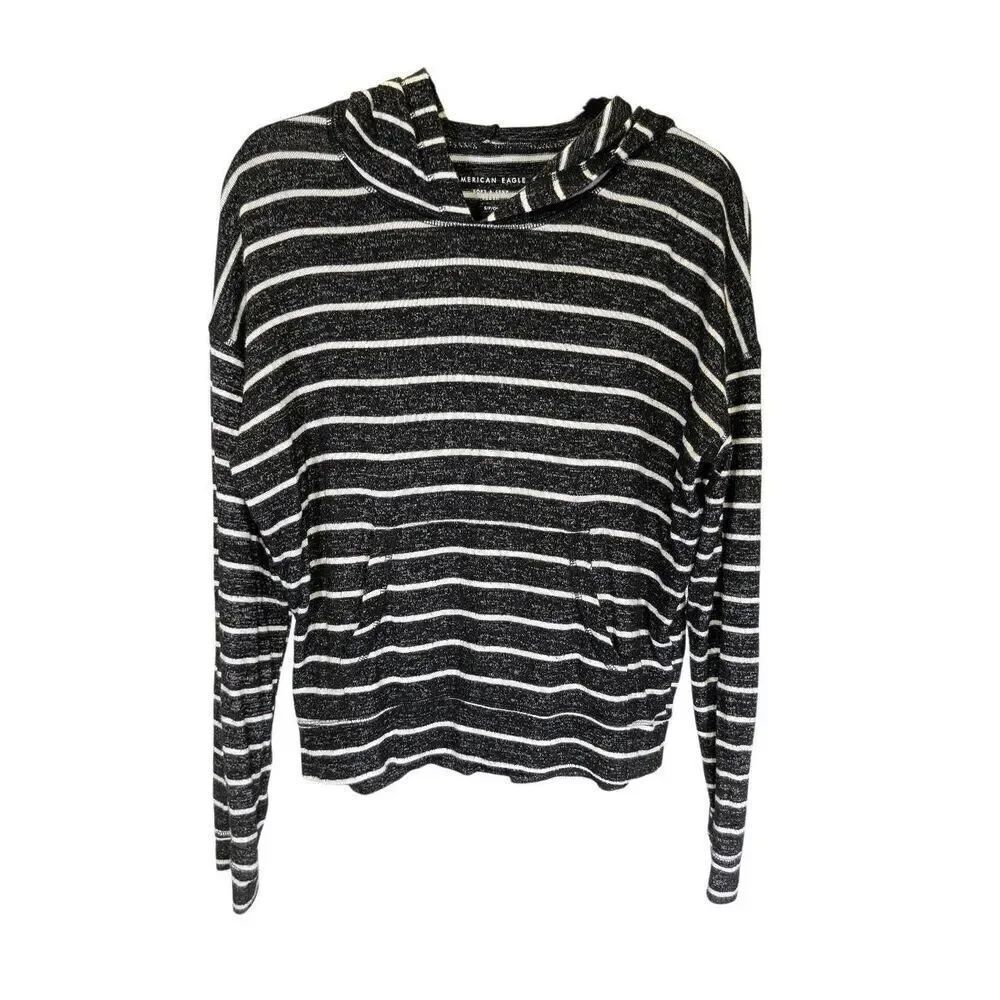 American Eagle Black & White Striped Hoodie Sweater Size Small
